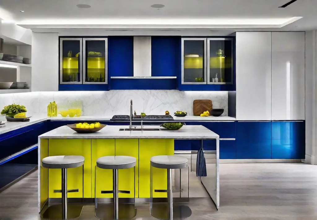 A kitchen boasting an electric blue island and neon yellow chairs against a backdrop of sleek