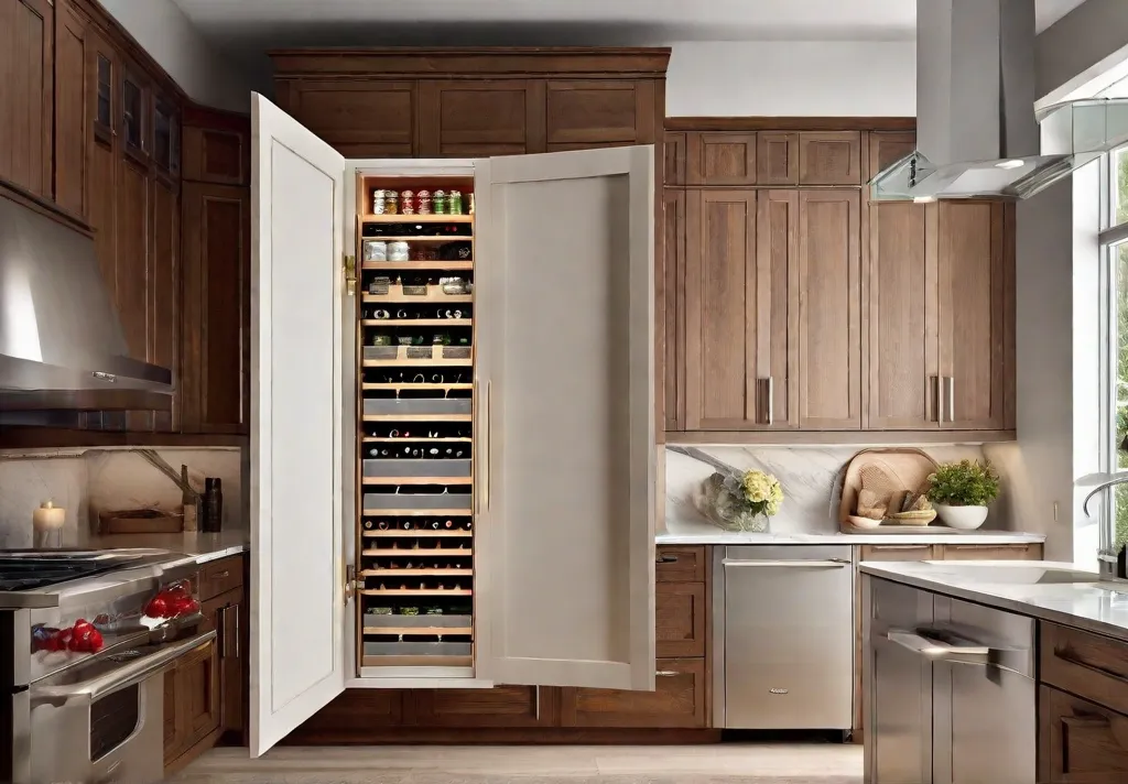 A kitchen cabinet door opened to reveal an ingeniously installed spice rack