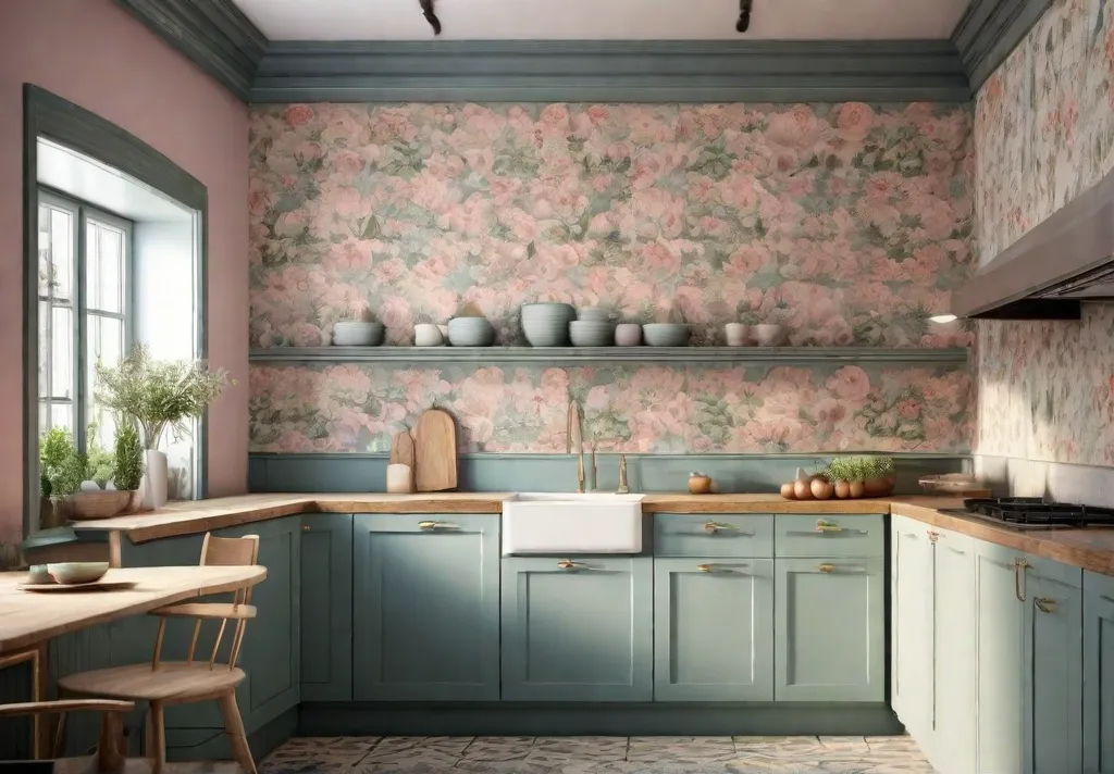 A kitchen feature wall painted in a soft pastel color