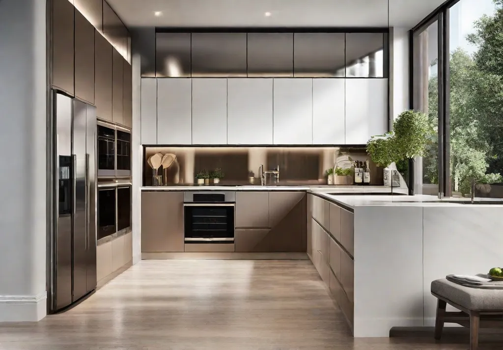 A kitchen featuring a combination of natural and artificial light sources including