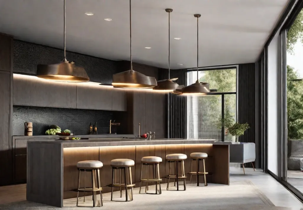 A kitchen island illuminated by flush mount lights encased in a mesh