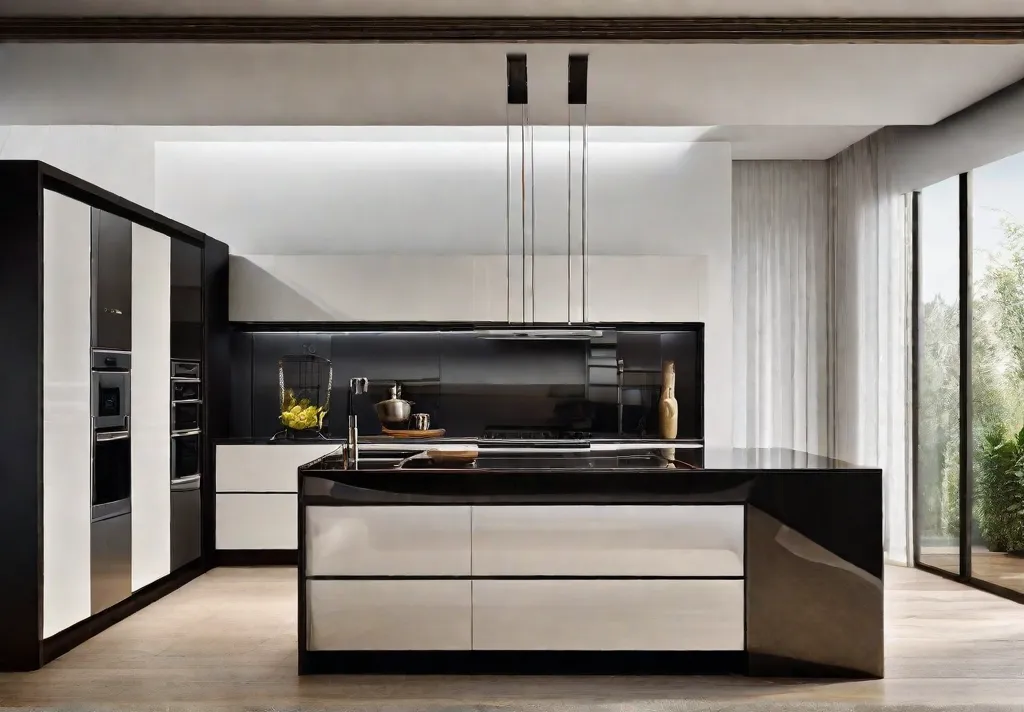 A kitchen with an avant garde island design incorporating a built in aquarium
