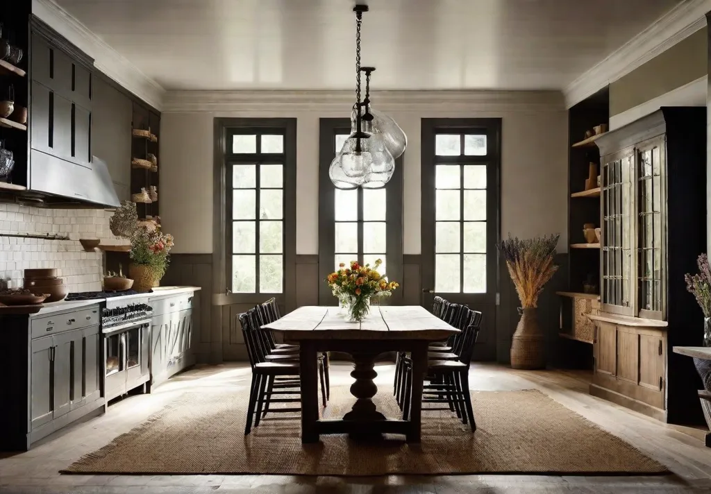 A large weathered wooden table in the center of a kitchen surrounded