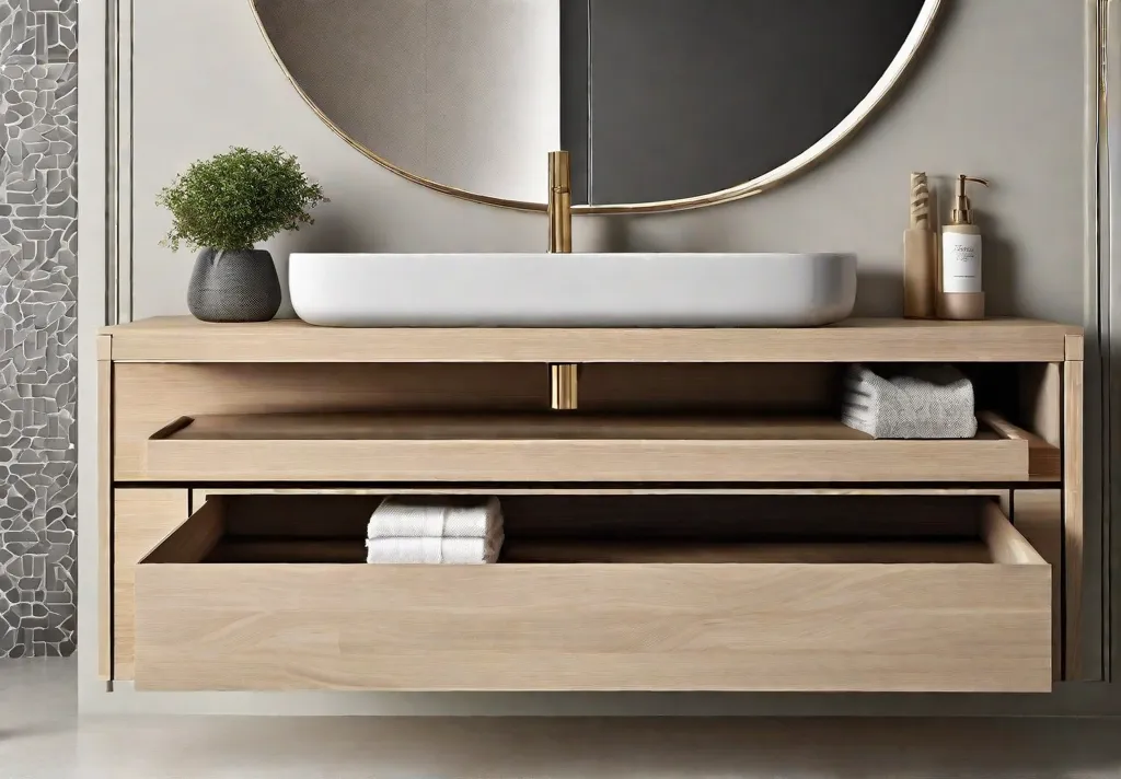 A minimalist floating vanity in a light wood finish