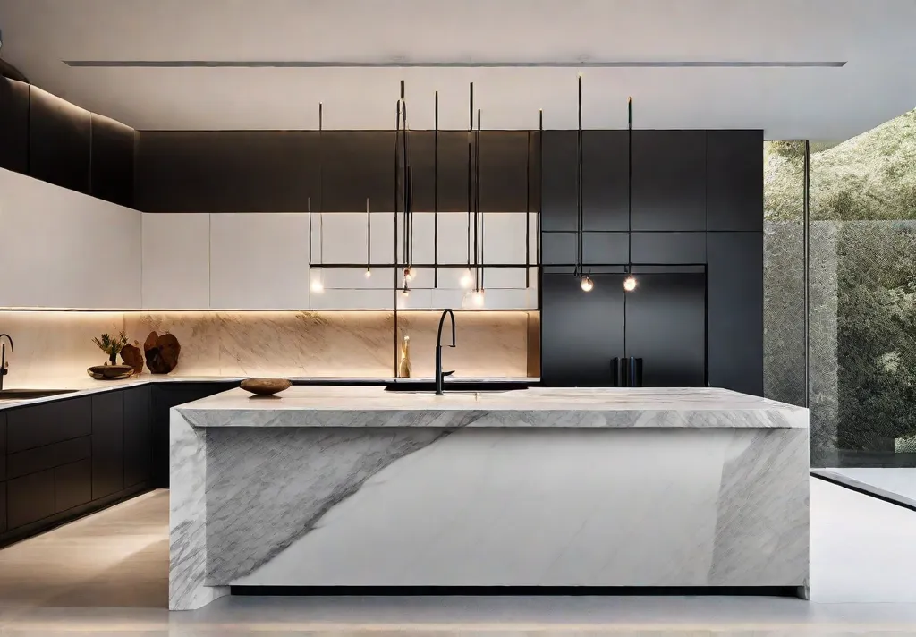 A minimalist kitchen showcasing a long marble waterfall island with the veined