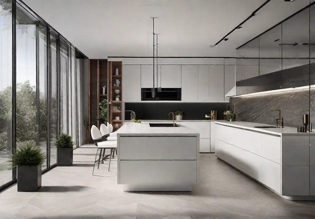 A modern kitchen featuring sleek quartz countertops with a minimalist white and