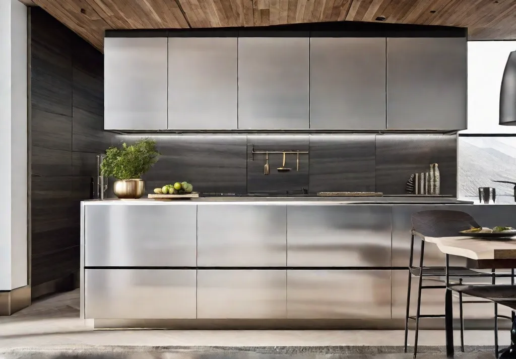 A modern kitchen with customizable track lighting focusing beams on a sleek
