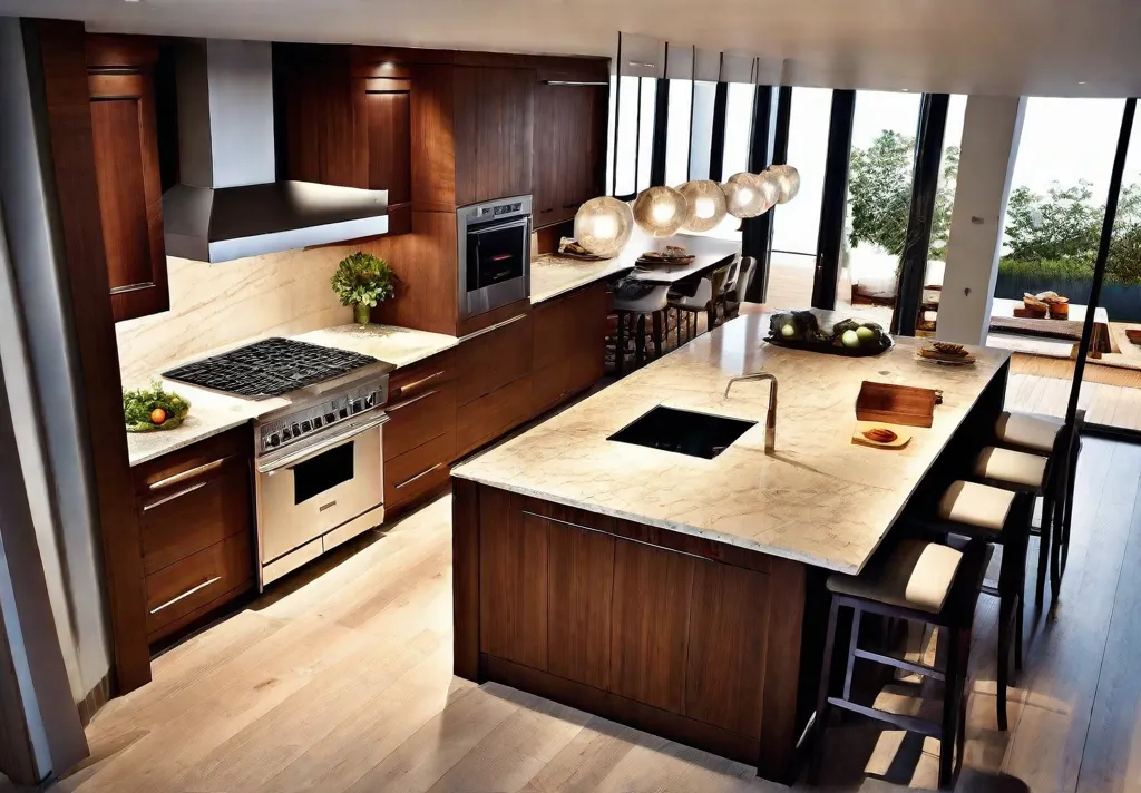 A multilevel kitchen island viewed from above showcasing the delineation between cooking