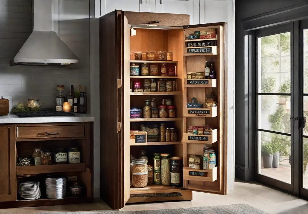 A narrow pull out pantry cabinet beside a refrigerator