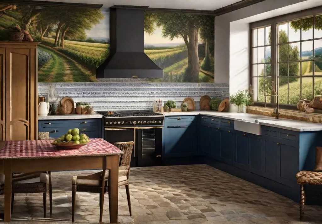 A panoramic shot of a kitchen featuring a floortoceiling mural of an