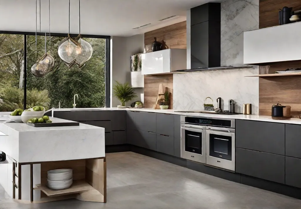 A panoramic view of a kitchen where each featured countertop material is