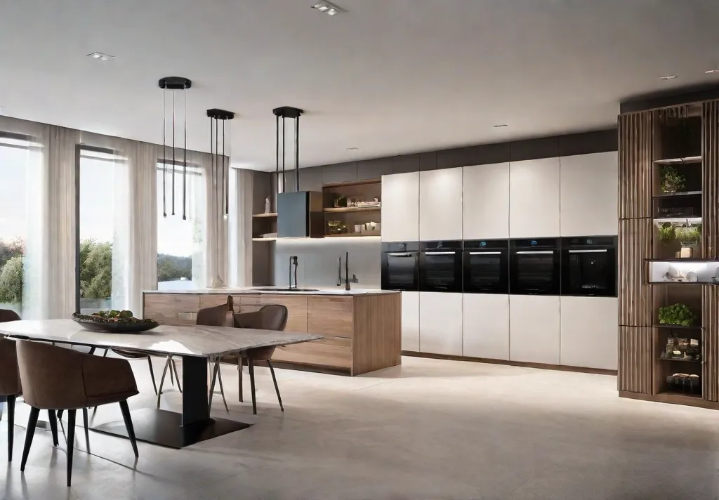 A panoramic view of a spacious kitchen highlighting multiple smart design ideas discussed in the article