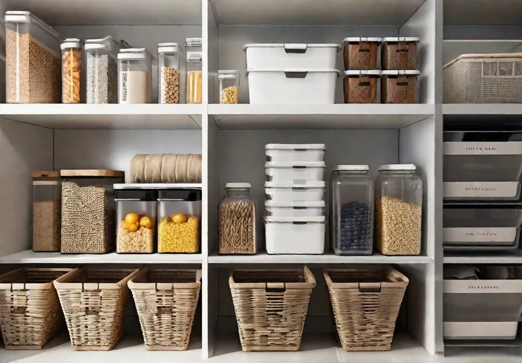A pantry space organized with stackable baskets and clear bins each labeled