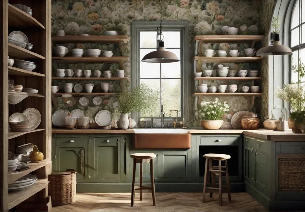 A pastoralthemed kitchen with floral and botanical print wallpaper featuring open shelves