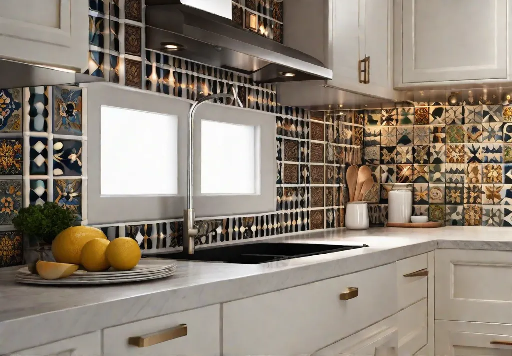 A personalized kitchen backsplash made of hand painted tiles that tell a story