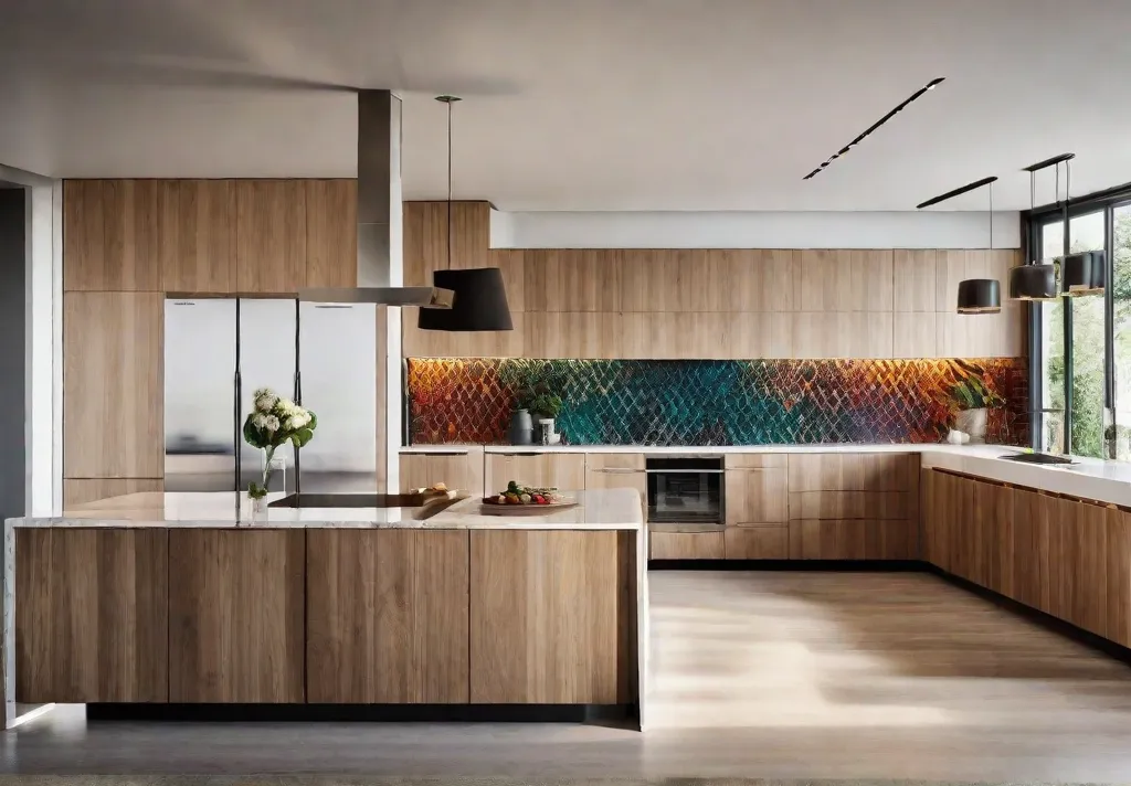 A personalized modern kitchen space adorned with a vibrant piece of abstract art hanging on a minimalist wall