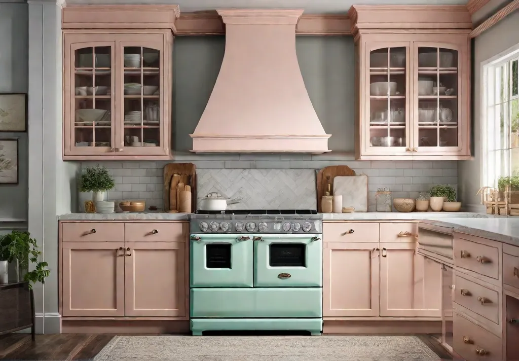 A perspective of a farmhouse kitchen highlighted by a pastel colored
