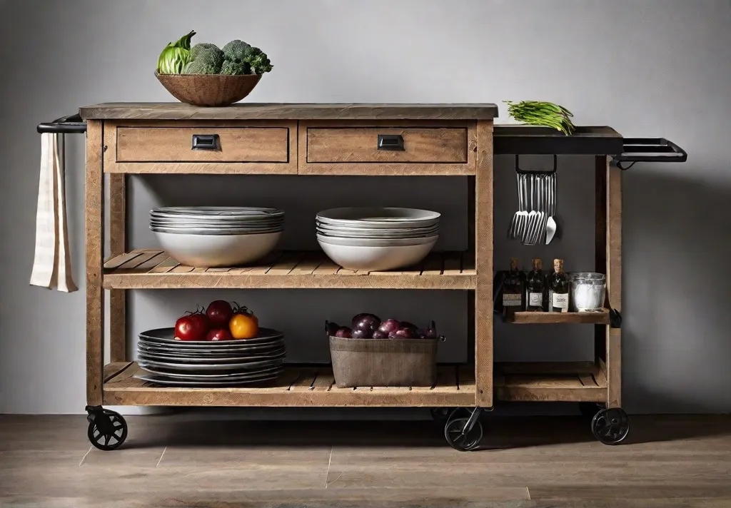 A rolling kitchen cart made from distressed wood