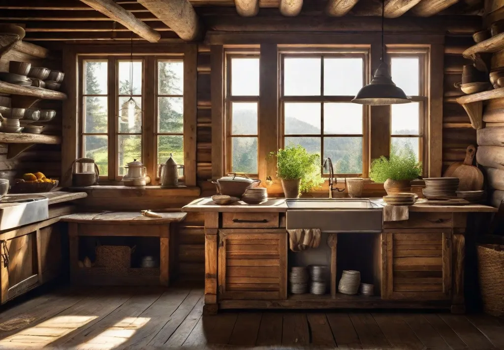 A rustic farmhouse kitchen filled with the glow of sunlight streaming through a window onto a rough hewn wooden table set with vintage tin dishes and napkins held by twine