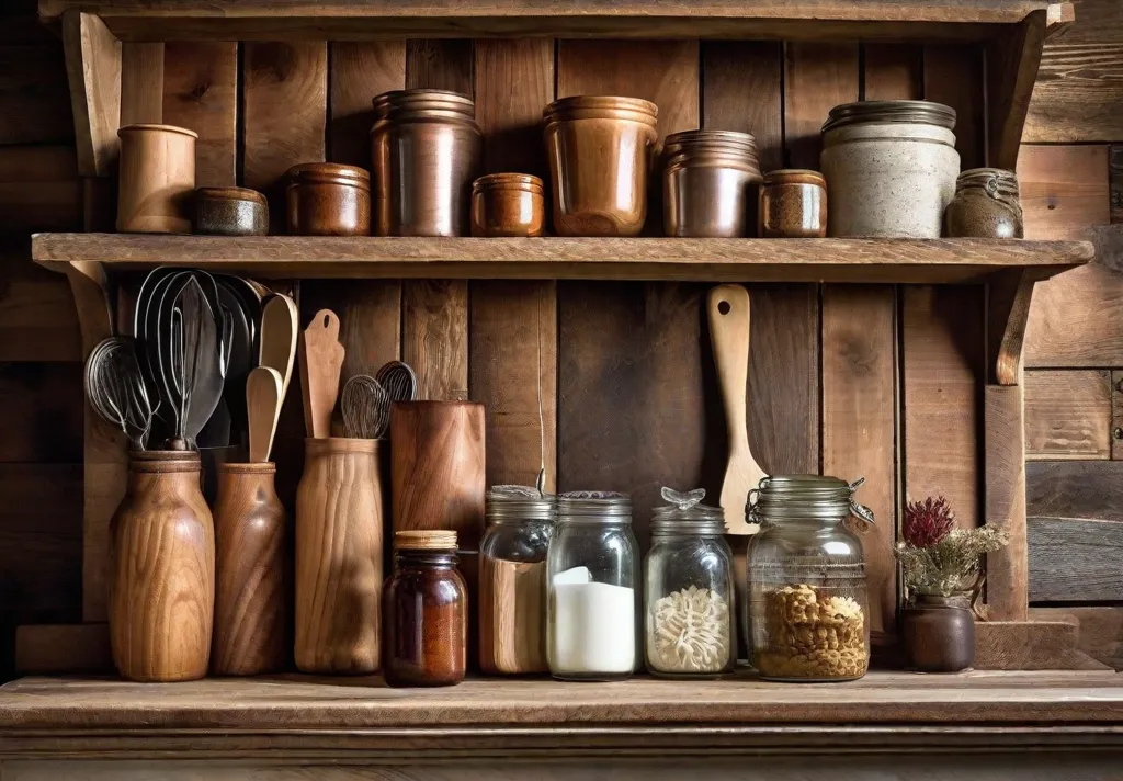 A rustic kitchen adorned with a variety of handcarved wooden utensils displayed