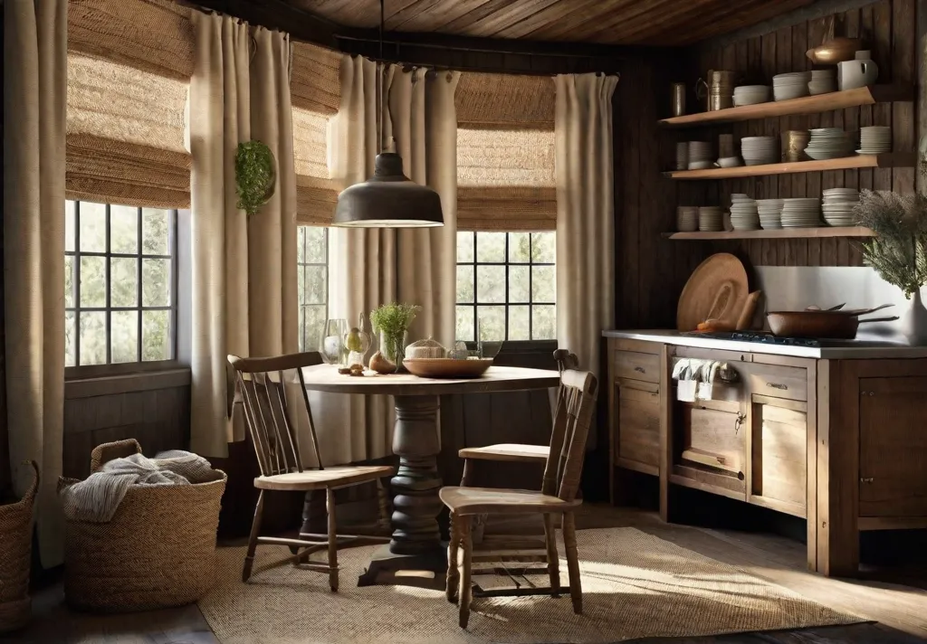 A rustic kitchen nook with linen curtains a woolen rug underfoot and
