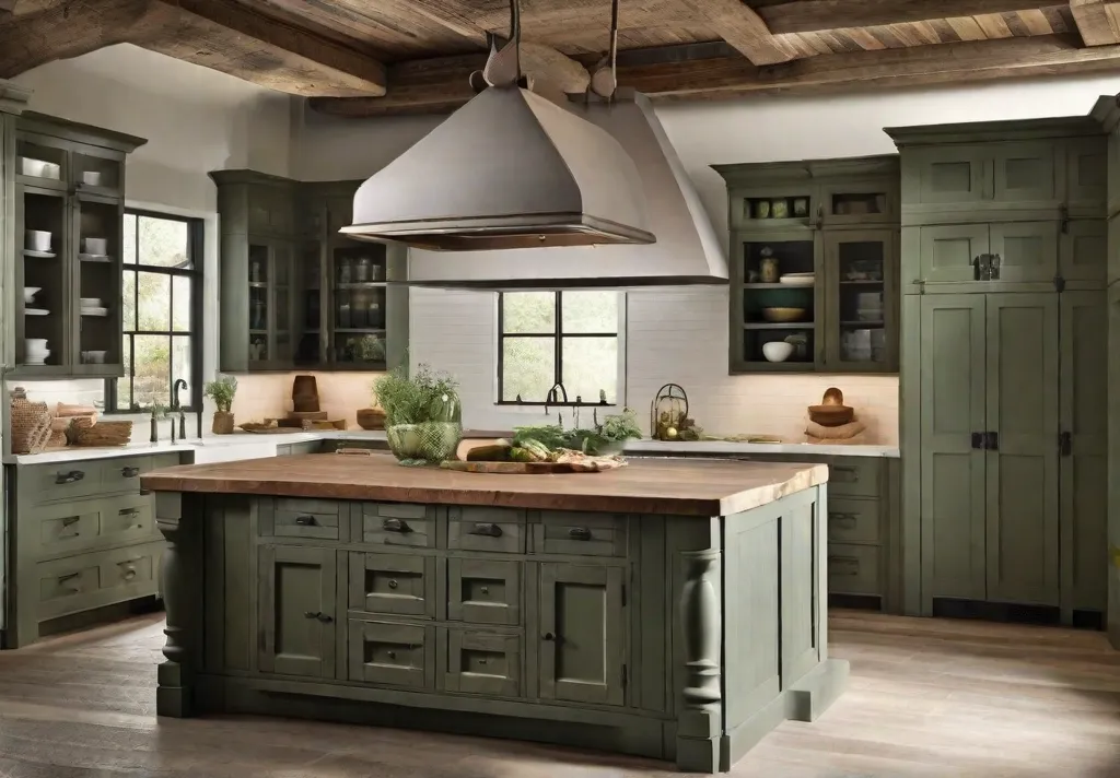 A rustic kitchen space painted in soft earth tones featuring a barnwood