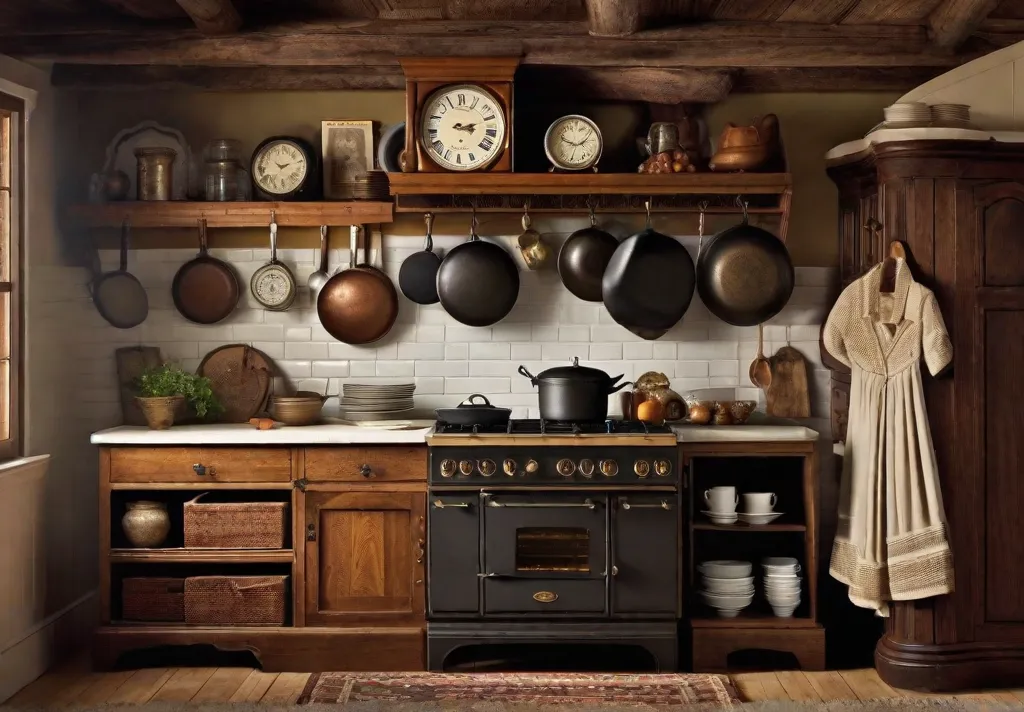 A scene of family heirlooms displayed in a rustic kitchen including an