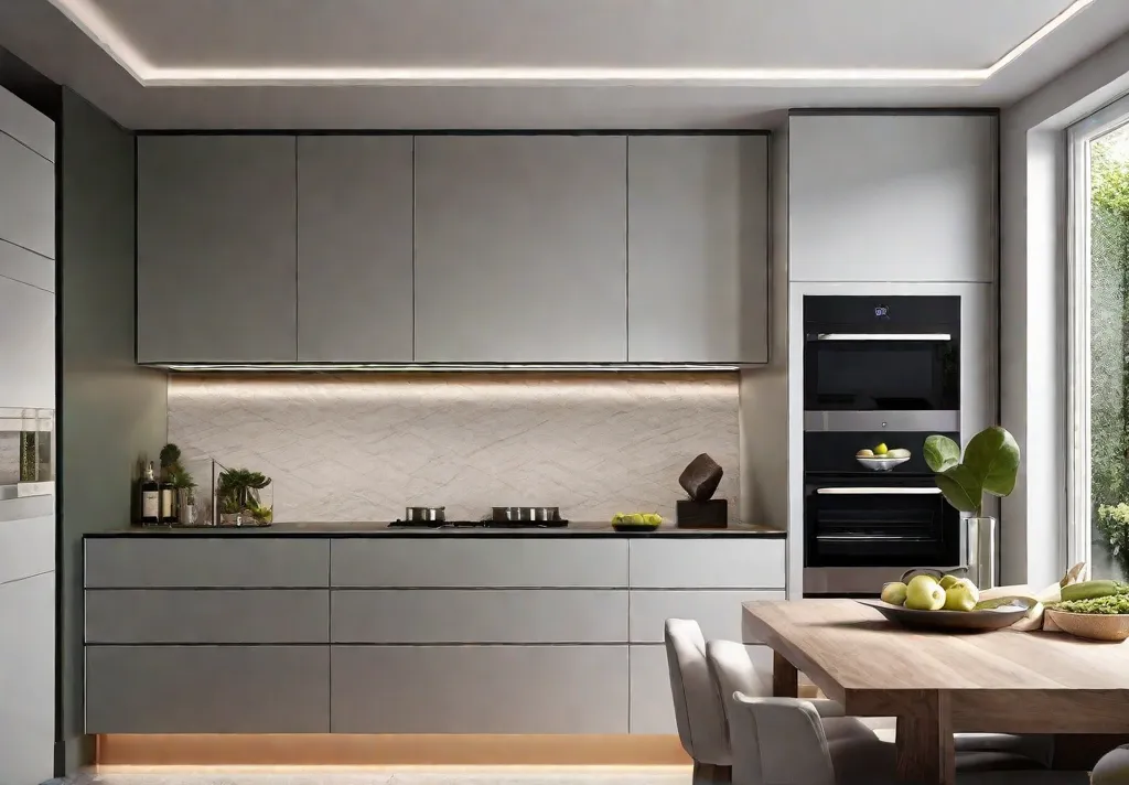 A seamless modern kitchen design showcasing solid surface countertops in a vibrant