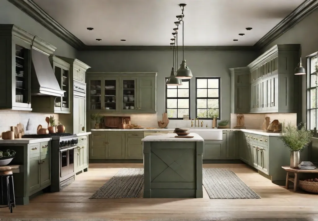 A serene farmhouse kitchen showcasing a cozy color palette