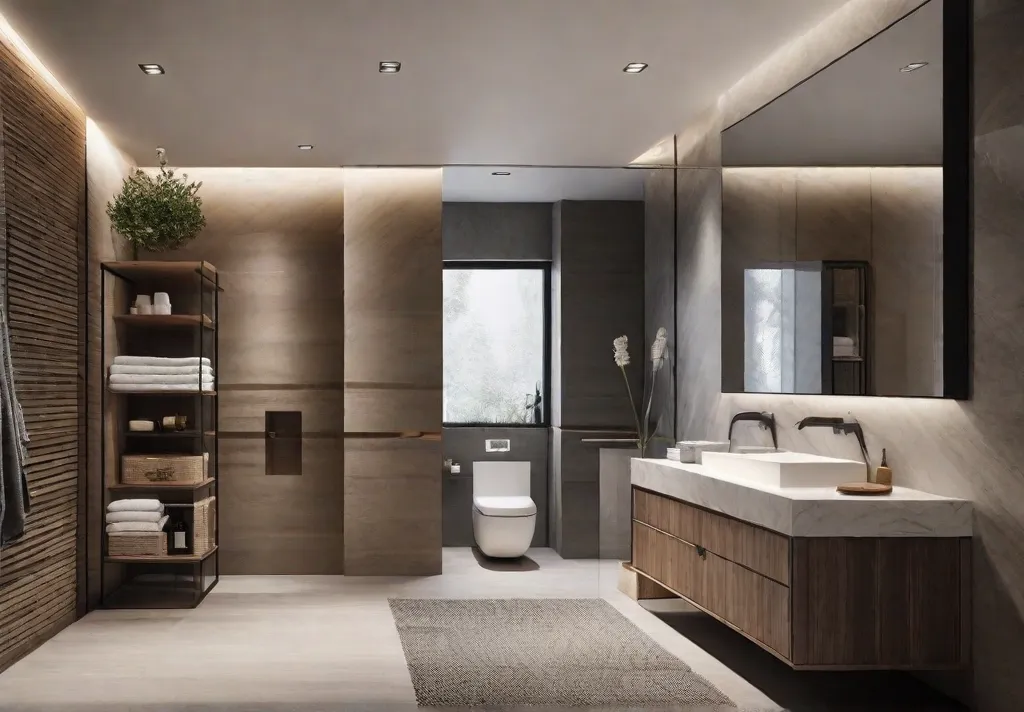 A serene minimalist bathroom showcasing floating shelves above the toilet