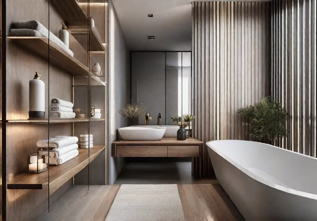 A serene small bathroom with floating shelves filled with neatly folded towels and decorative items