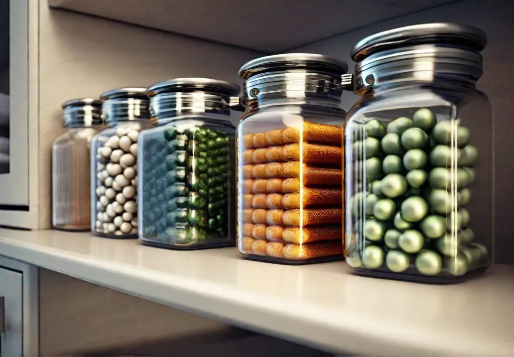 A series of small jars and containers with magnetic bottoms attached to a magnetic strip under a bathroom cabinet