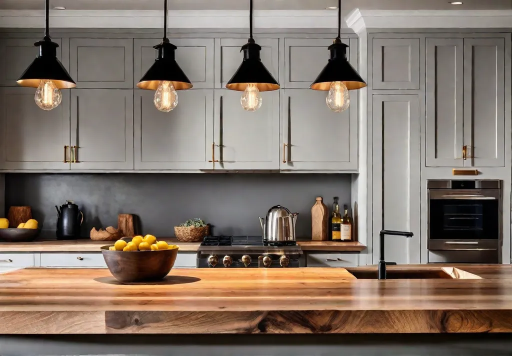 A side view of a farmhouse kitchen island illuminated by an array of dangling Edison bulbs