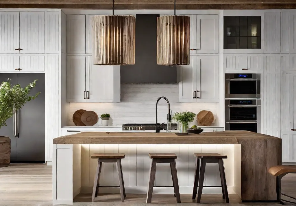 A sleek modern farmhouse kitchen island blending clean lines and minimalist colors with rustic wood accents
