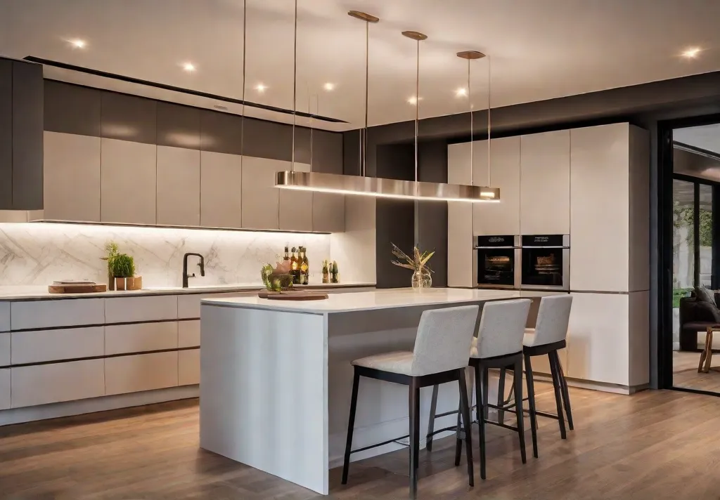 A sleek modern kitchen illuminated by voiceactivated ceiling lights with a person