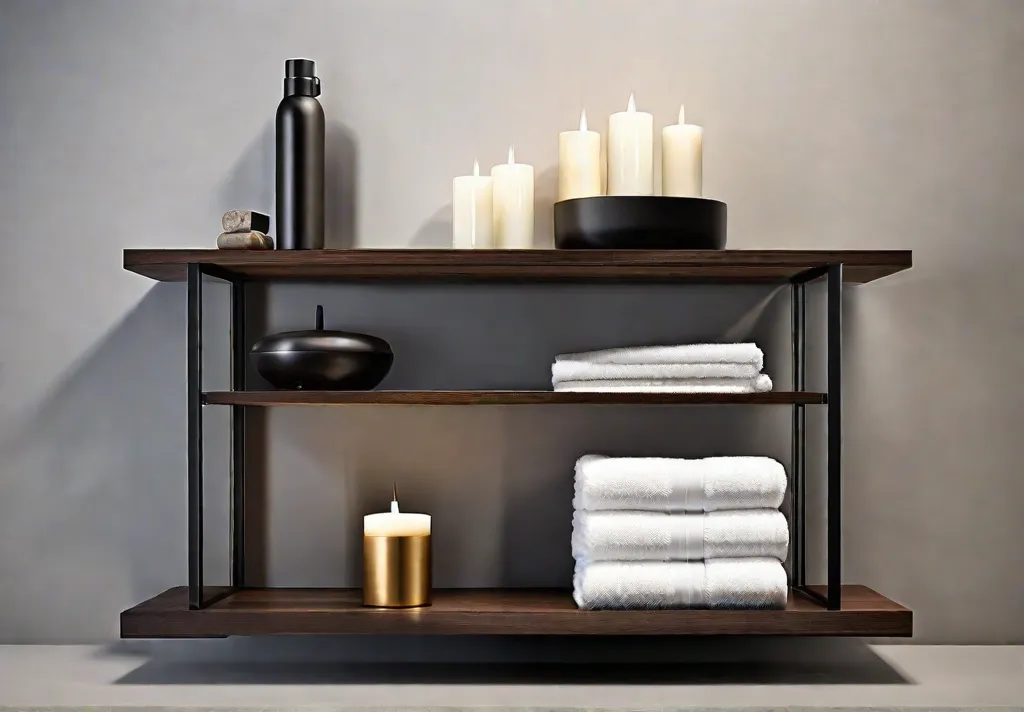 A sleek modern over the toilet shelving unit crafted from polished wood and metal