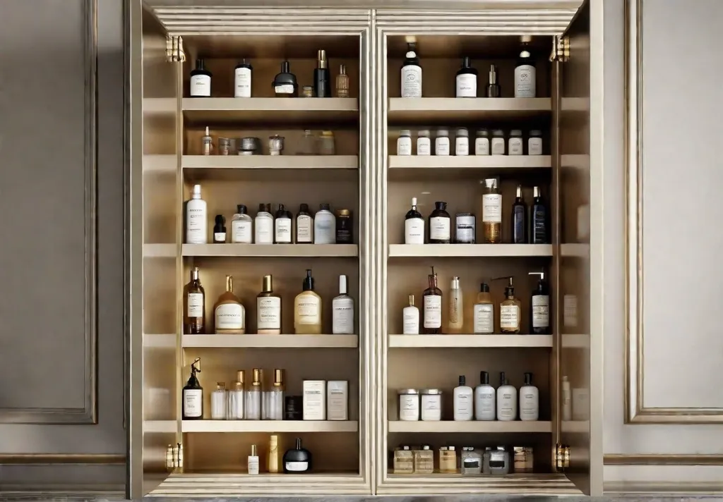 A sleek recessed medicine cabinet open to reveal neatly arranged toiletries
