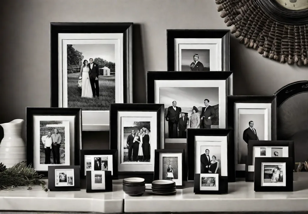 A sophisticated display of black and white family photos arranged on a