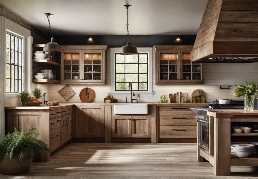 A spacious farmhouse kitchen highlighting a distressed wood island