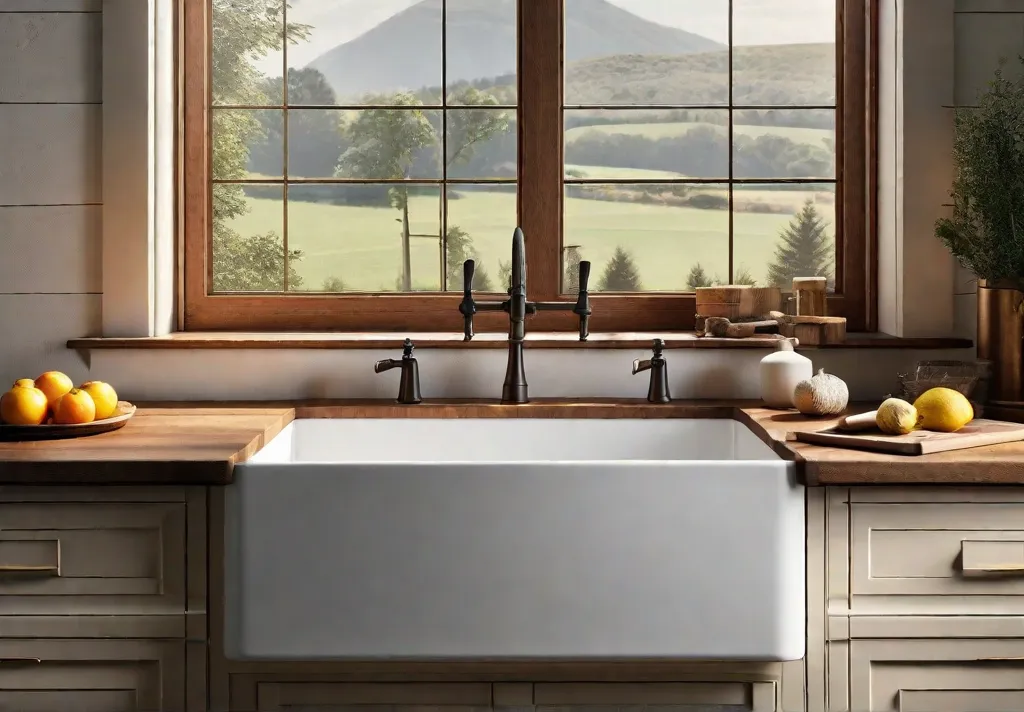 A spacious farmhouse sink made of fireclay installed beneath a large window