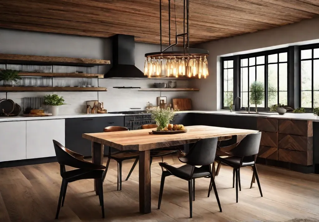 A spacious kitchen displaying an elegant industrial chandelier made of iron and