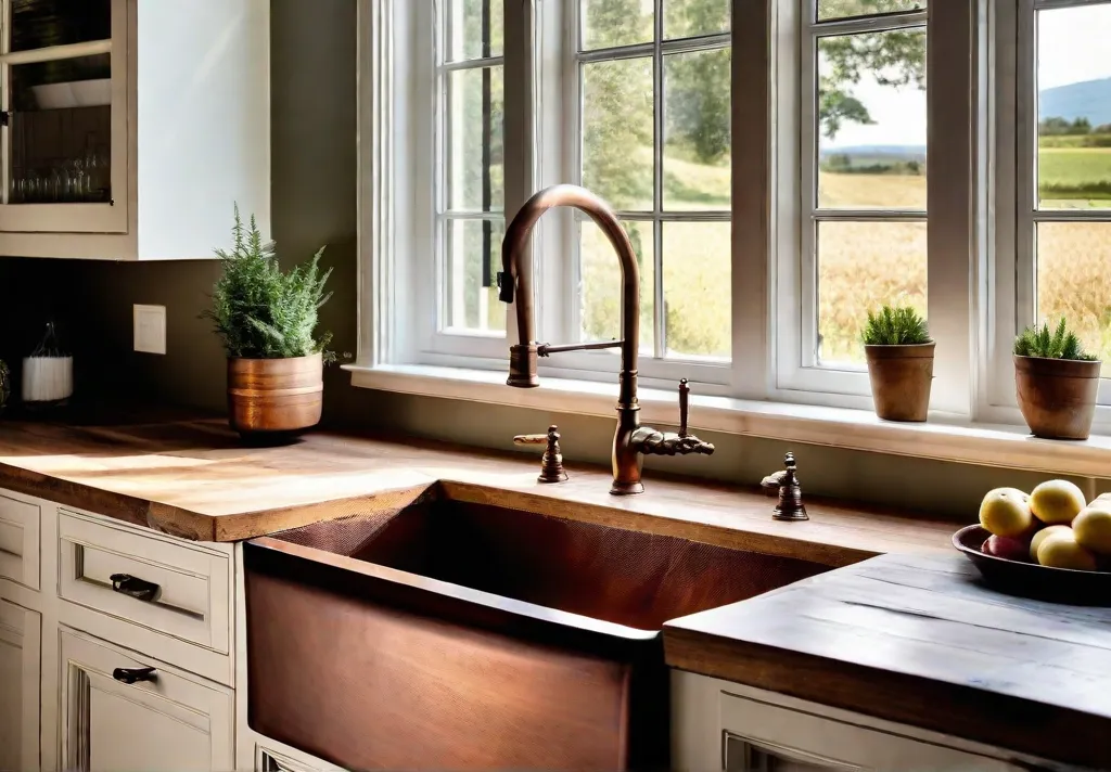 A spacious kitchen highlighting a large copper farmhouse sink set into a