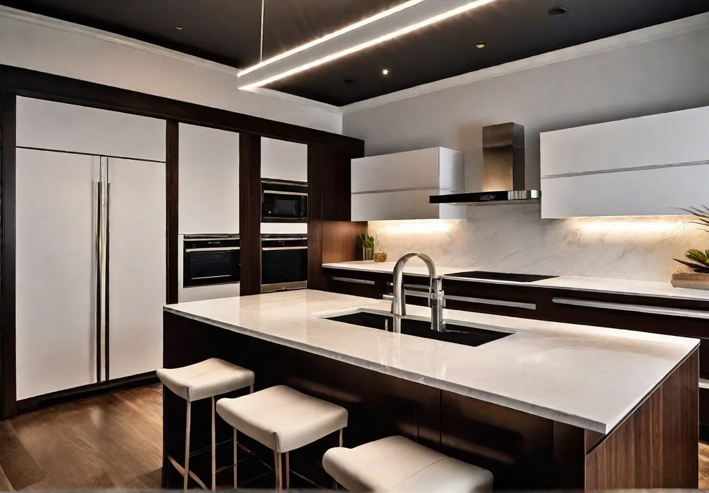 A spacious modern kitchen with a large rectangular island at its center