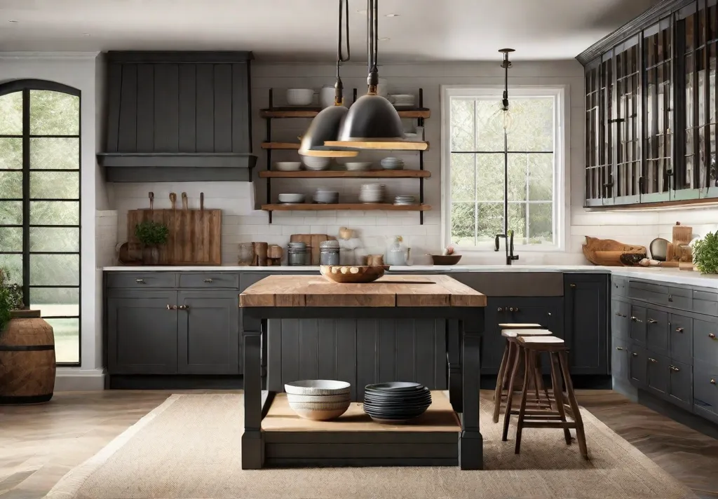 A sunlit farmhouse kitchen with rustic wooden accents such as open shelving
