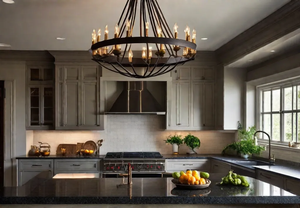 A tranquil kitchen scene at dusk featuring a large wrought iron chandelier