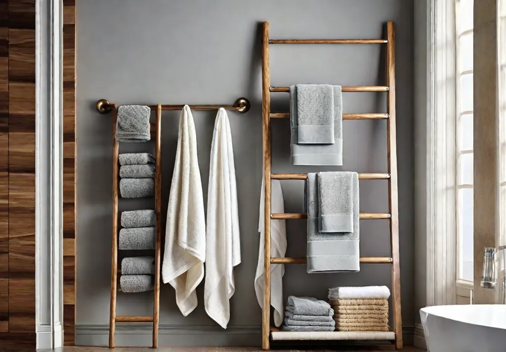A unique ladder rack leaning against a bathroom wall