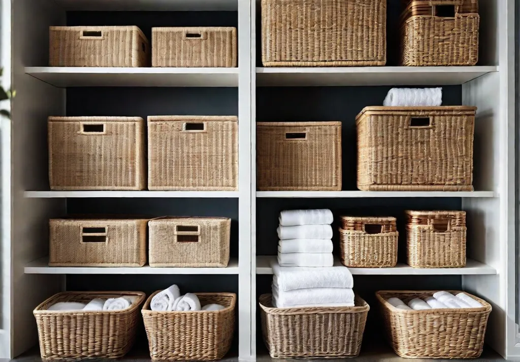 A variety of baskets and bins on open shelving