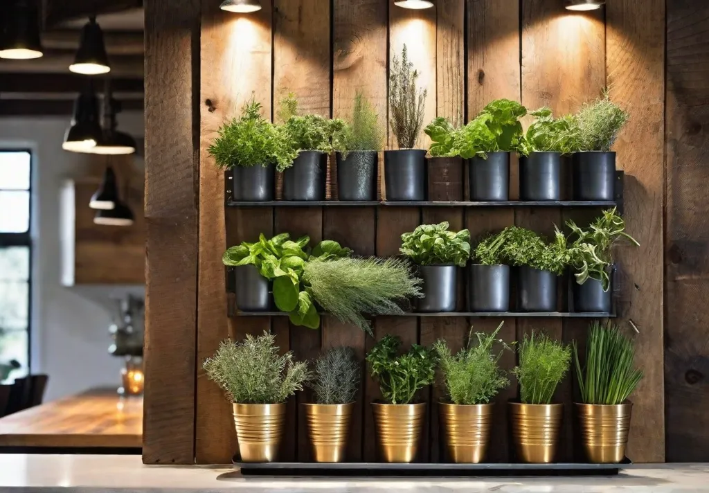 A vertically mounted herb garden on a reclaimed wood wall featuring a