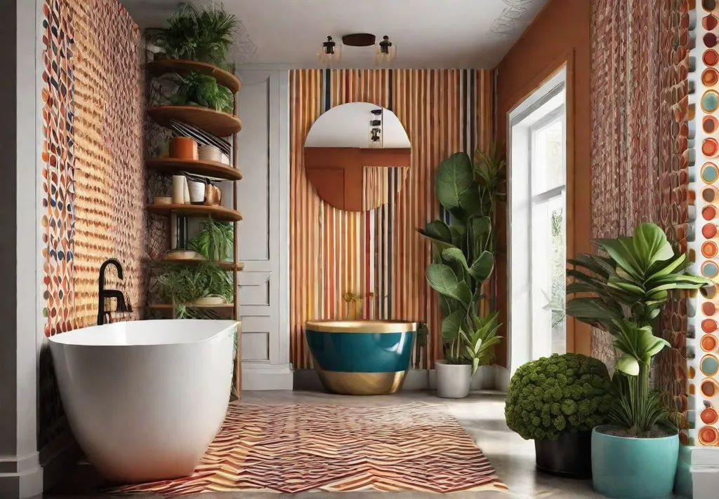 A vibrant creatively designed corner of a bathroom displaying a set of circular corner shelves