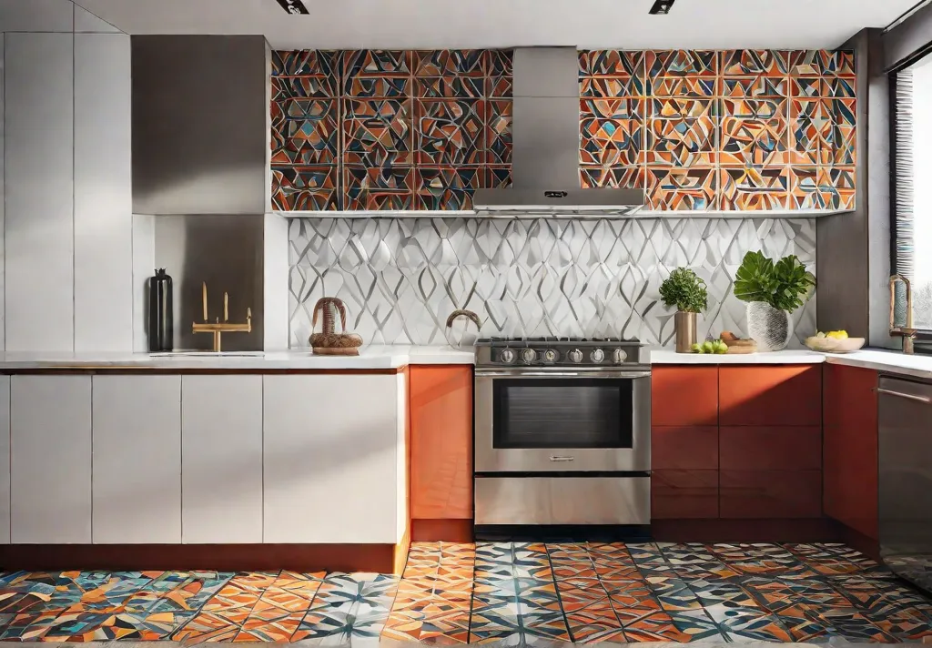 A vibrant kitchen featuring a bold